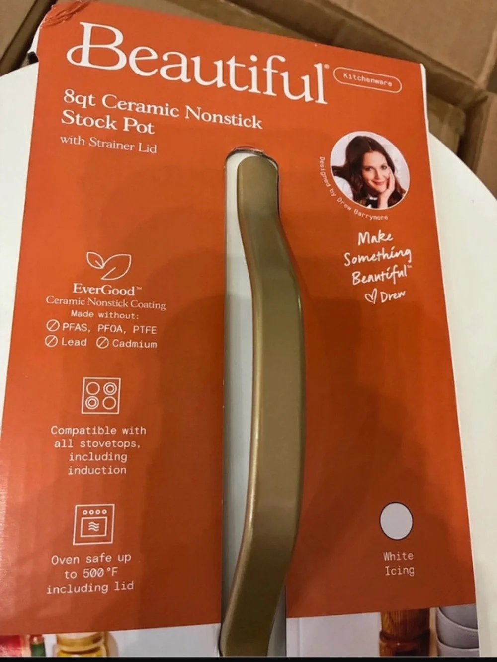 8qt Ceramic Nonstick Stock Pot - White with Gold Handles NEW